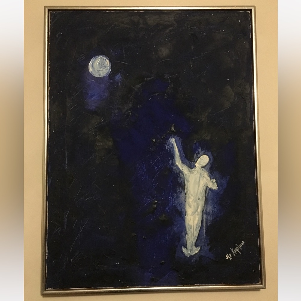 Oil on canvas artwork man looking at moon